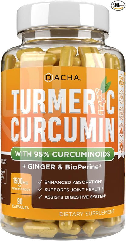 DACHA Tumeric Curcumin Supplement - 1500mg Joint Support Supplements Turmeric with Black Pepper Ginger 95% Curcuminoids Capsules