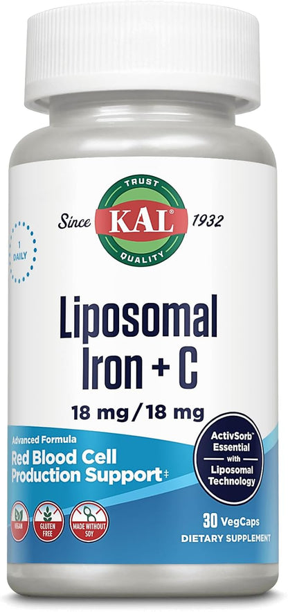 KAL Liposomal Iron Supplement with Liposomal Vitamin C, Iron Supplement for Women and Men, High Absorption, Gentle Iron Pills, Vegan, Gluten Free, 30 Servings, 30 VegCaps