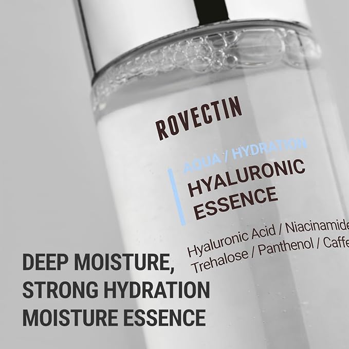ROVECTIN Aqua Hyaluronic Essence – Hydrating Essence Toner with 7-Layer Hyaluronic Acid Complex & Niacinamide for Deep Moisturizing, Plumping, and Soothing | Vegan Korean Skincare (3.38 fl oz)