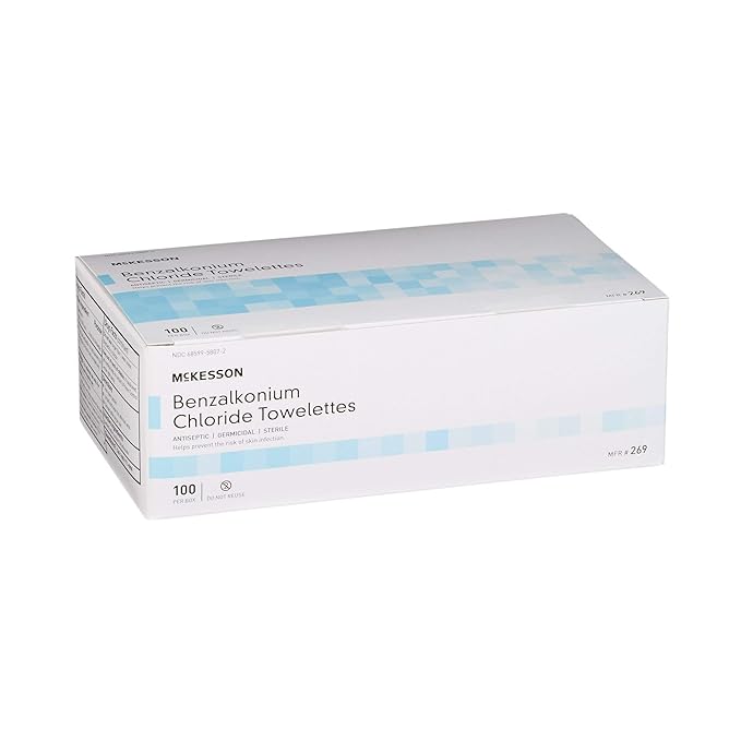 McKesson Benzalkonium Chloride Towelettes [Pack of 100] First Aid Antiseptic Wipes, Sterile Individual Wrapped