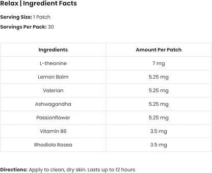 The Patch Remedy Relax Patch | L-Theanine, Lemon Balm, Valerian, Ashwagandha, Passionflower | 30 Patches