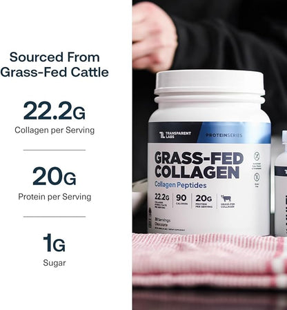 Transparent Labs Grass-Fed Collagen Peptides Powder - Collagen Powder for Women & Men, 22G Bovine Hydrolyzed Collagen Peptides Powder for Skin, Hair, Bones & Muscle Recovery - Chocolate, 30 Servings