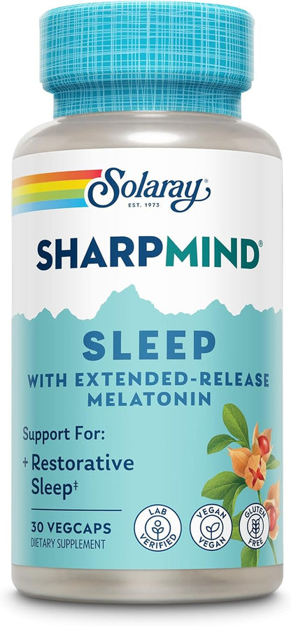 SOLARAY SharpMind Sleep, Nootropic Sleep Aid Formula - Nootropics Brain Support Supplement for a Calm Mood and Healthy Sleep with Slow Release Melatonin 3mg - 30 Servings, 30 VegCaps