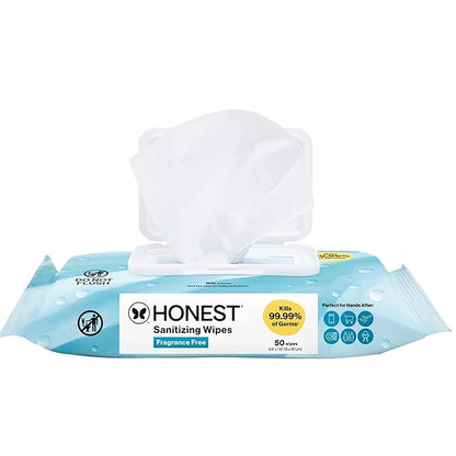 The Honest Company Fragrance-Free Sanitizing Alcohol Wipes, Antibacterial Safe for Hands, Kills 99% of Germs, Made With Aloe, 50 Count (1 Pack)
