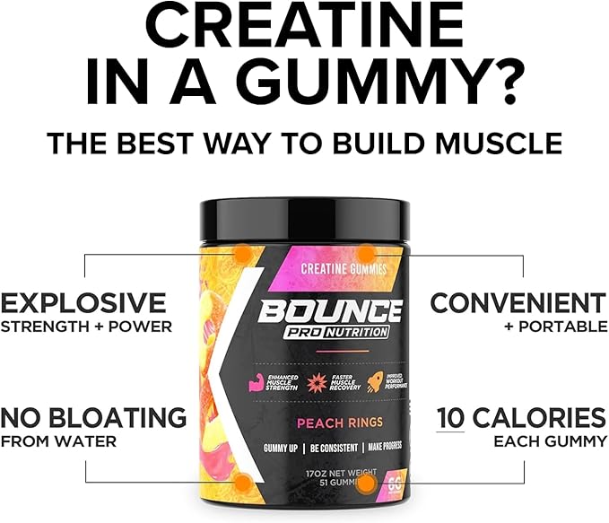 Bounce Pro Creatine Monohydrate Gummies for Men & Women, Low Calorie, 6G of Creatine per Serving, Vegan, Anti-Melting, Gluten-Free, Non-GMO, 2g of Creatine per Gummy (51ct, Peach Rings)