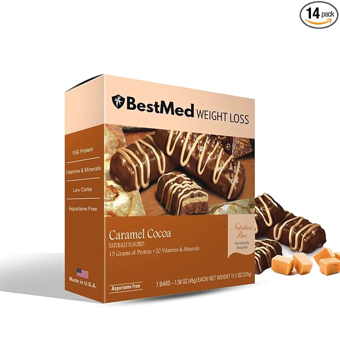 BestMed - High Protein Nutrition Bar - Low-Carb, 15g Protein, Low Sugar, High Fiber, Low Calorie, Meal Replacement Bar (Caramel Cocoa, 2 Box - 14 Count)