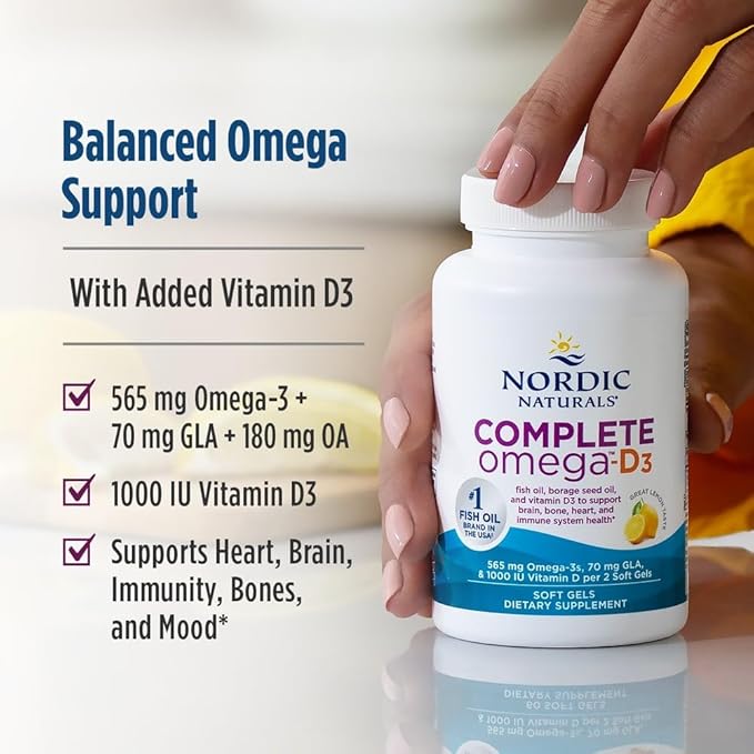 Nordic Naturals Complete Omega-D3, Lemon Flavor - 120 Soft Gels - 565 mg Omega-3 + 70 mg GLA + 1000 IU Vitamin D3 - EPA & DHA - Healthy Skin, Cognition, Positive Mood - Non-GMO - 60 Servings