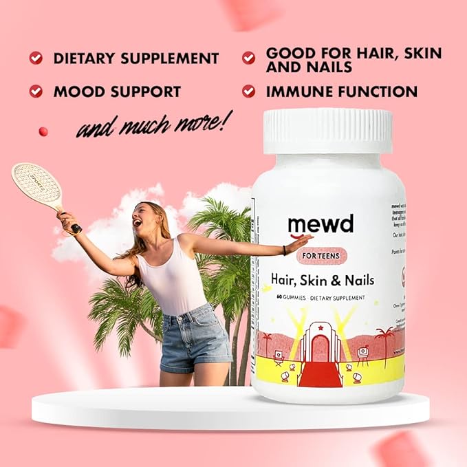 MEWD Teen and Kids Hair, Skin & Nails Support Multivitamin Gummies - Biotin Strength & Growth with Zinc, Vitamins A, D3, B1, B2, B6 & B12 - Gluten-Free, Non-GMO for Girls & Boys - 60 Count - USA Made