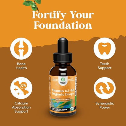 Natures Craft Liquid Vitamin D3 with K2 for Adults - Organic Drops 2000IU per Serving Vegan Bone Muscle Heart & Immune Support MCT Oil Enhanced Absorption - 2Fl Oz (Pack of 1)