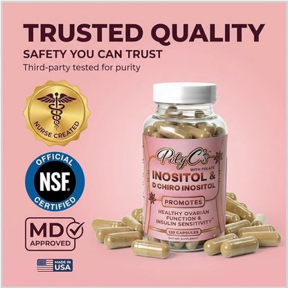 POLYC'S Inositol Supplement for Women - Myo-Inositol & D-Chiro Inositol Capsules 40:1 Ratio, Hormone Balance Aid and Women's Menstrual Health, Ovarian & Ovulation Support, Vegan, 120 Capsules