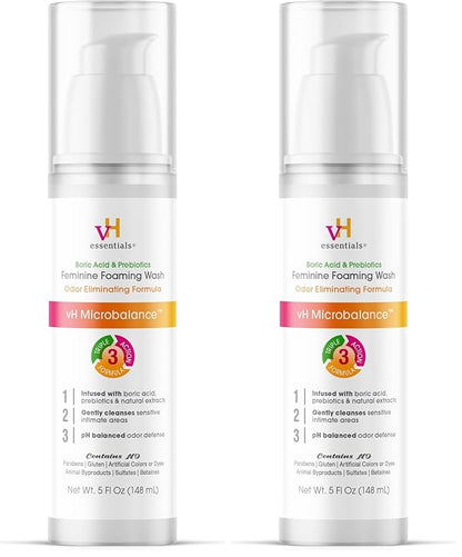 vH essentials Feminine Foaming Wash with Boric Acid and Prebiotics, Odor Eliminating pH-Balanced Daily Cleanser with Lavender and Chamomile, 5 fl oz (Pack of 2)