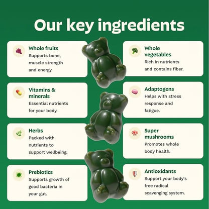 Gruns Adult Super Greens Multivitamin Gummies, Superfood Gummy Vitamins for Women and Men with Spirulina, Chlorella, Adaptogens & Prebiotic Fiber for Digestive Health (28 Count)
