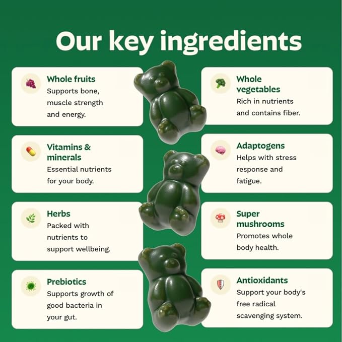 Gruns Adults Super Greens Gummies, Multivitamin Superfood Gummy Bears, Spirulina, Chlorella, Prebiotics & Fiber Gummies for Digestive Health, Adaptogens Supplement, 20 Vitamins & Minerals, 10 Count
