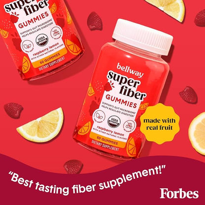 Bellway Super Fiber Gummies for Adults - Sugar Free Organic Fiber Supplement Gummies with 4g of Fiber per Serving - Prebiotic Chicory Root Fiber for Digestive Gut Health, Raspberry Lemon, 60 Count