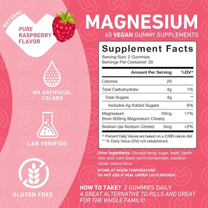 Magnesium Citrate Gummies 600 mg for Adults – High Absorption Supplement for Cramps, Muscle Recovery, Sleep, Bone, and Energy Support – Non-GMO, Allergen Free – 60 Vegan Gummies