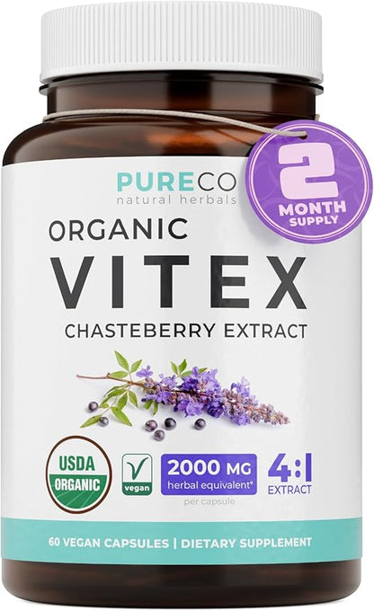 Organic Vitex Chasteberry Supplement for Women - High Strength Chaste Tree Berry Extract Supports Hormone Balance for Women from PMS to Menopause - Filler Free Vegan & Non-GMO (2 Month Supply)