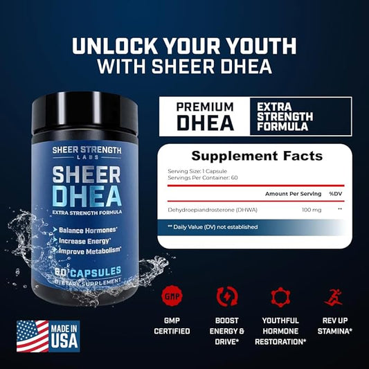 DHEA Supplement for Men DHEA 100mg - Pure DHEA Supplement for Men for Strength and Hormone Balance - DHEA for Women and Men - High Purity Enhanced Absorption 60 SV USA