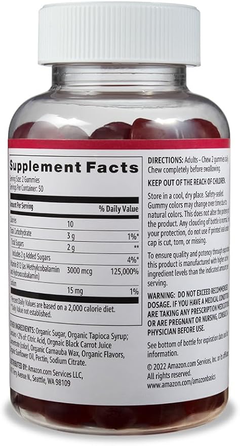 Amazon Basics Vitamin B12 3000 mcg Gummies, Normal Energy Production and Metabolism, Immune System Support, Raspberry, 100 Count (2 per Serving) (Previously Solimo)