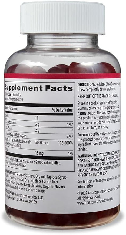 Amazon Basics Vitamin B12 3000 mcg Gummies, Normal Energy Production and Metabolism, Immune System Support, Raspberry, 100 Count (2 per Serving) (Previously Solimo)