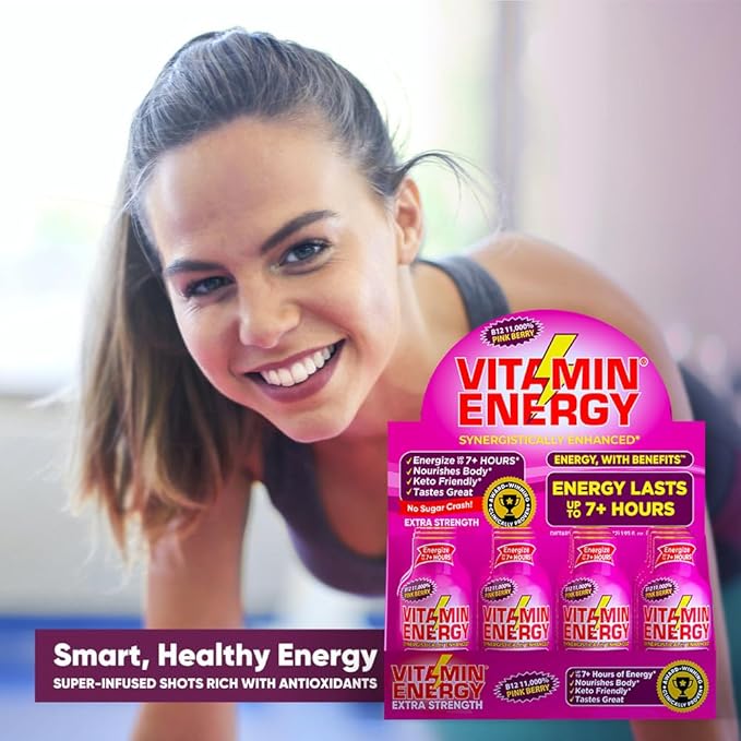 Vitamin Energy B12 11,000% Extra Strength Energy Shot Pink Berry 12 Pack, 260mg Natural Caffeine, B12 & B6, Nootropic Focus, Vitality, Zero Sugar, Gluten-Free, Vegan, Kosher, 1.93 fl oz