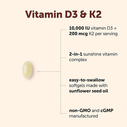 Micro Ingredients Vitamin D3 10,000 IU + K2 MK-7 200 mcg Per Serving, 90 Softgels | Extra Strength* 2-in-1 D3 K2 Supplement | Easy-to-Swallow Softgels Made with Coconut Oil | Non-GMO, Gluten Free