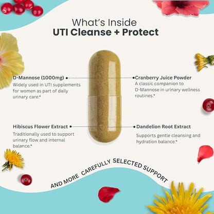 UTI Cleanse + Protect – Urinary Tract Support with D-Mannose, Cranberry, Hibiscus & Dandelion | Advanced Formula, Dietary Supplement - Non-GMO, Made in USA, GMP Certified (1)