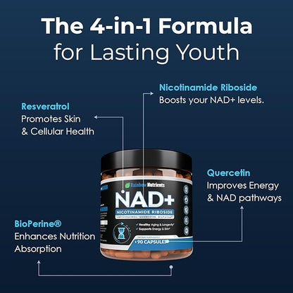 2010 MG NAD+ Supplement- Nicotinamide Riboside, Resveratrol, Quercetin & BioPerine® (High Absorption)- Natural NAD Booster for Anti-Aging, Cellular Energy, Skin- For Women & Men- 90 V Capsules