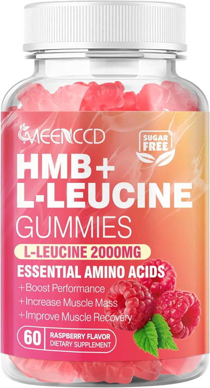 MEENCCD HMB and L-Leucine Gummies, HMB and Leucine Amino Acid for Muscle Growth, Muscle Maintenance, and Muscle Comfort, for Men & Women, Sugar-Free, Raspberry Flavor, 60 Count