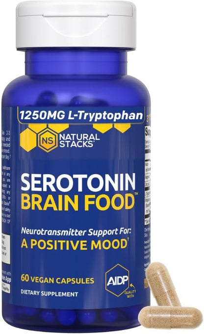 Serotonin Brain Food - 1250mg L-Tryptophan & 400mg Rhodiola Rosea Supplement - Mood Support Supplement for Stress Relief - Neurotransmitter Support with Magnesium Glycinate & Zinc - 60 Capsules