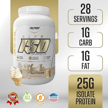 Alpha Supps ISO, Low Carb 100% Whey Protein Isolate Powder, 25 Grams Per Serving, Helps Support Muscle Growth, Low Sugar and Gluten Free (Vanilla Ice Cream, 2 lb)
