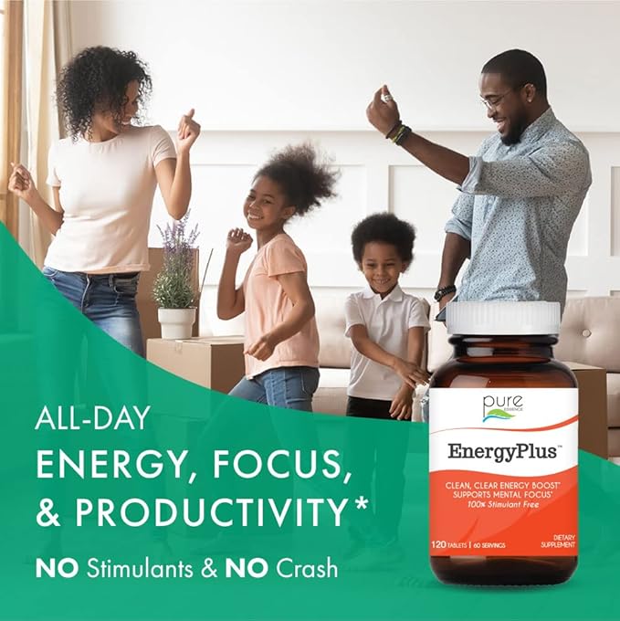 Energy Plus by Pure Essence - Caffeine Free, All Natural Herbal Energy and Focus Supplement - Smooth, No Jitters No Crash - 60 Tablets