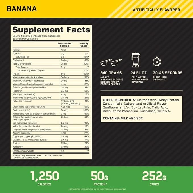 Optimum Nutrition Serious Mass, Weight Gainer Protein Powder, Mass Gainer, Vitamin C and Zinc for Immune Support, Creatine, Banana, 6 Pound (Packaging May Vary)