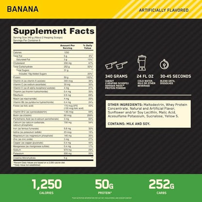 Optimum Nutrition Serious Mass, Weight Gainer Protein Powder, Mass Gainer, Vitamin C and Zinc for Immune Support, Creatine, Banana, 6 Pound (Packaging May Vary)
