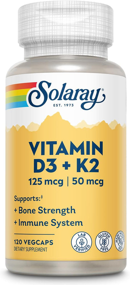 SOLARAY Vitamin D3 K2 - Bone Health and Immune Support Supplement - With 5000 IU Vitamin D as Vit D3 and 50 mcg Vitamin K2 as Menoquinone MK7, Made Without Soy, 60-Day Guarantee, 120 Serv, 120 VegCaps