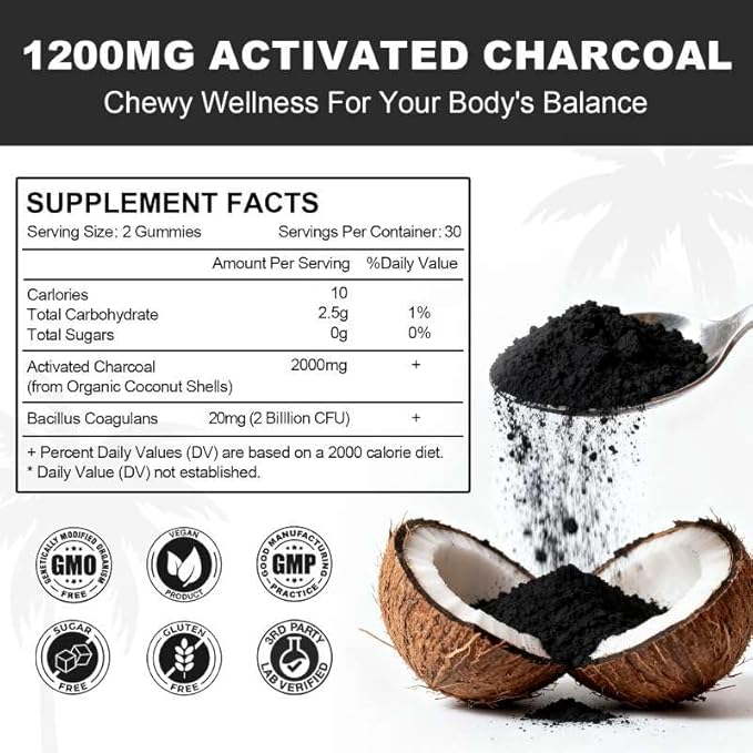 Activated Charcoal Gummies 1200mg, with Organic Coconut Shell Charcoal & 2 Billion Probiotics, Natural Gas & Bloating Relief, Digestive Support, Non-GMO, Vegan, Gluten Free, Blueberry Flavor, 60Ct