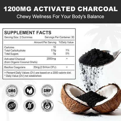 2 Pack Activated Charcoal Gummies 1200mg, with Organic Coconut Shell Charcoal & 2 Billion Probiotics, Natural Gas & Bloating Relief, Digestive Support, Non-GMO, Vegan, Gluten Free,Blueberry Flav,120Ct