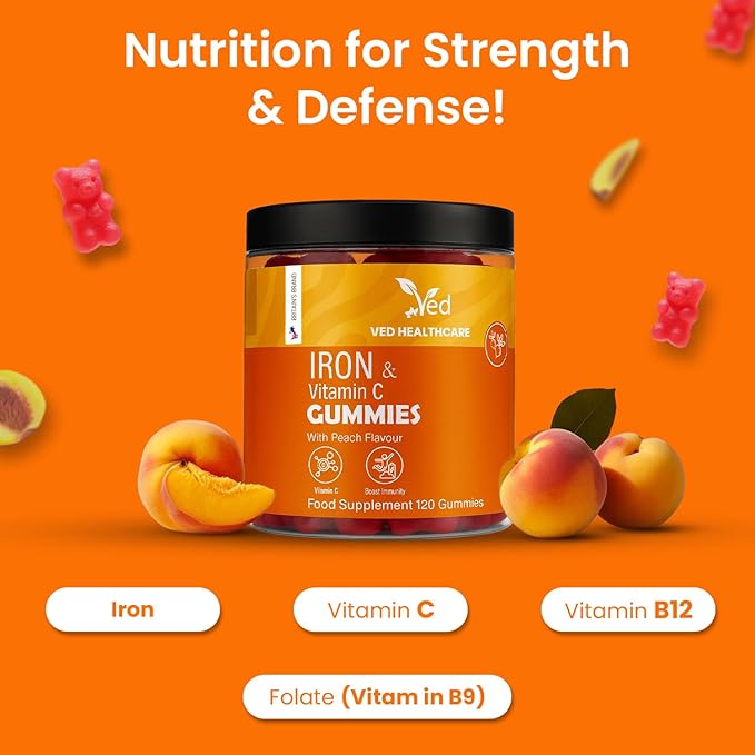 Ved Iron Supplement Gummies 12.5 mg for Women & Men - Iron Gummies with Vitamin C - Chewable Prenatal & Adult 120 Iron Gummies