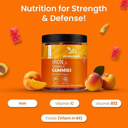 Ved Iron Supplement Gummies 12.5 mg for Women & Men - Iron Gummies with Vitamin C - Chewable Prenatal & Adult 120 Iron Gummies