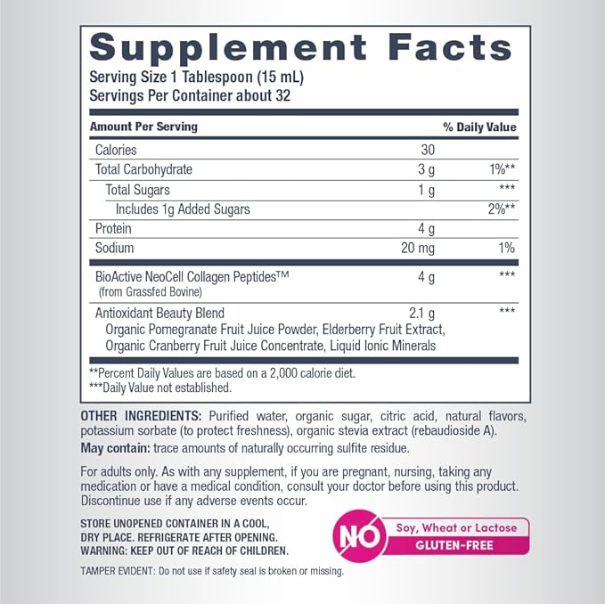NeoCell Liquid Collagen, Skin, Hair, Nails and Joints Supplement, Includes Fruit Juice Concentrates and Green Tea Blend, Pomegranate, 16 oz., 1 Bottle