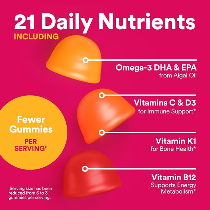 SmartyPants Women’s Multivitamin Gummies, Omega 3 DHA/EPA, Methylfolate, CoQ10, Vitamin D3, C, B12, B6, A, K, Zinc, Three Fruit Flavors, 90 Count (30 Day Supply)