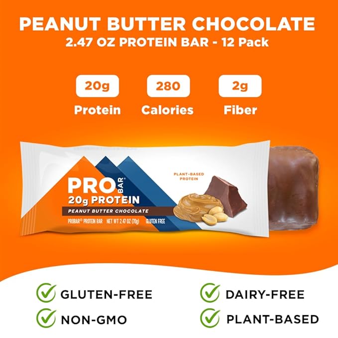 PROBAR - PROTEIN Bar, Peanut Butter Chocolate, Non-GMO, Gluten-Free, Healthy, Plant-Based, Whole-Food Ingredients, Natural Energy (12 Count)