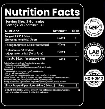 Testosterone Booster Supplement for Men Gummies [Fast-Max Absorption],10x Strength Masculinity Boost, Turkesterone, Tongkat Ali, Horny Goat Weed, Maca Root, Tribulus,Testo Gummies 60Ct