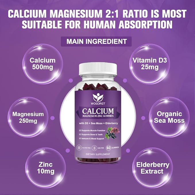 WOGORGT Calcium Magnesium Zinc Gummies with Vitamin D3 - High Absorption Complex Calcium Supplement with Sea Moss, Elderberry for Bone, Muscles, Immune, Mood & Sleep Support, Vegan - 60 Gummies