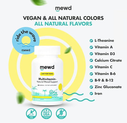 MEWD Teen and Kids Mood Support Multivitamin Gummies - Natural Focus & Calm with L-Theanine, Vitamins A, C, D3, B6, B9 & B12, Plus Zinc & Iron - Vegan Immune Booster, Gluten-Free Brain Health