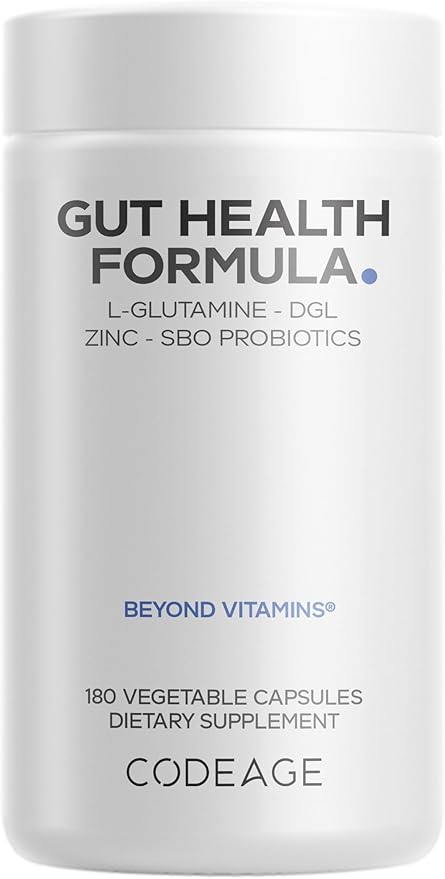Codeage Gut Health Supplements Vegan Formula - L Glutamine, Zinc, Turkey Tail Mushroom Powder, Tonic Mushroom, Maitake, Micro Algae, Mineral, Licorice Root DGL - Probiotics, Prebiotics - 180 Capsules