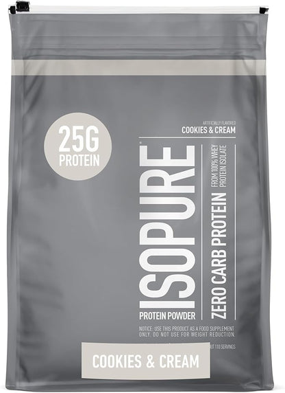 Isopure Zero Carb 100% Pure Whey Isolate Protein Powder, Gluten Free, with Vitamins, Cookies & Cream, 25g Protein Per Serving, 7.5 Lbs, 110 Servings (Packaging May Vary)