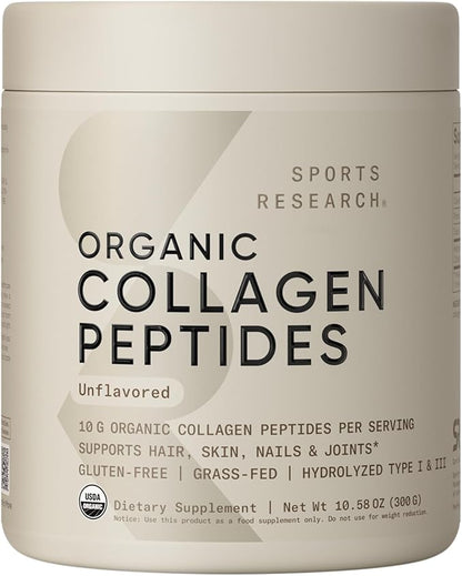 Sports Research® Organic Collagen Peptides - Hydrolyzed Type I & III Collagen Protein Powder Made Sustainably from Grass-Fed Cows - USDA Organic· Non-GMO · Gluten Free - Unflavored, 30 Servings