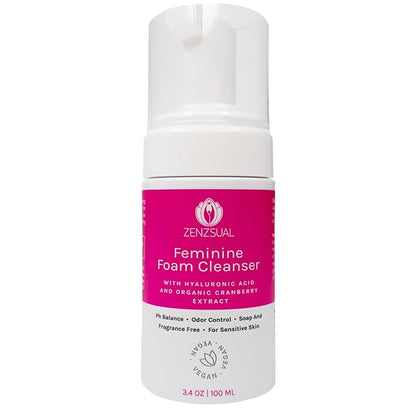 ZENZSUAL Feminine Foam Cleanser with Hyaluronic Acid & Organic Cranberry Extract – pH Balanced Feminine Wash for Sensitive Skin, Fragrance-Free Vaginal Cleanser, Hypoallergenic Intimate Care, 3.4 oz