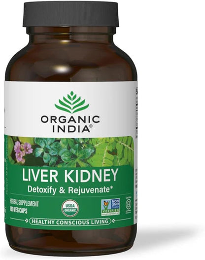 ORGANIC INDIA Liver Kidney Herbal Supplement - Detoxify & Rejuvenate, Supports Healthy Liver & Kidney Function, Vegan, Gluten-Free, Kosher, USDA Certified Organic, Non-GMO - 180 Capsules