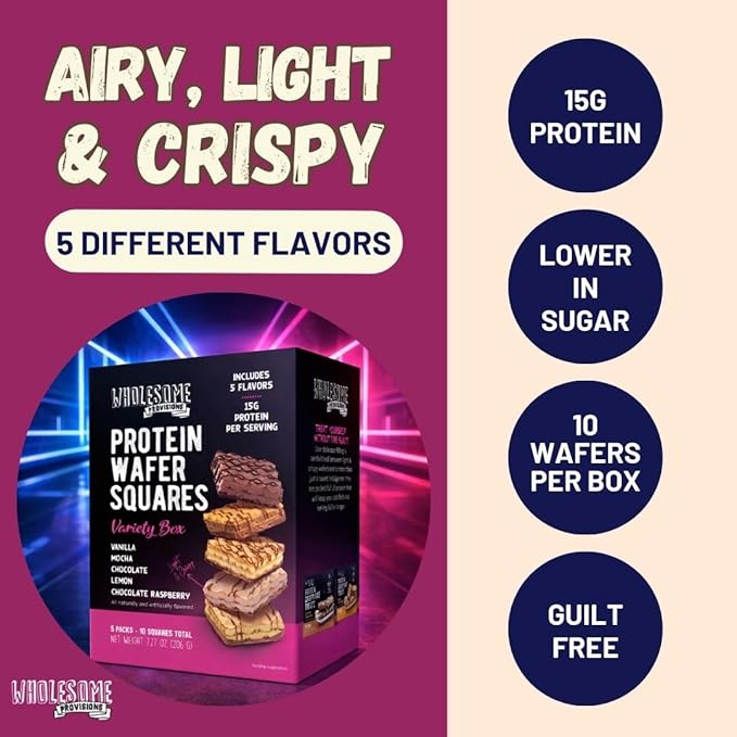 Protein Wafer Squares, Value Variety Pack, 15g Protein, Low in Sugar, 10 Squares Total, Light and Crispy, Includes Vanilla, Mocha, Chocolate, Lemon, Chocolate Raspberry (Variety, 1 Pack)